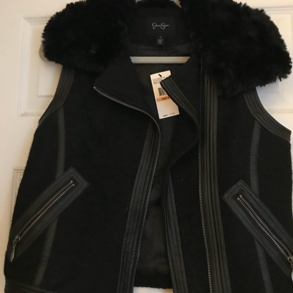Jessica Simpson black motorcycle vest with fur